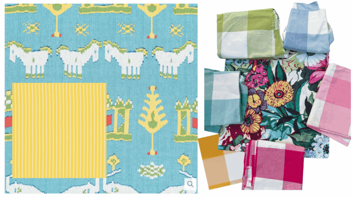 A variety of fabrics showing how they mix with the main floral and buffalo checks. 