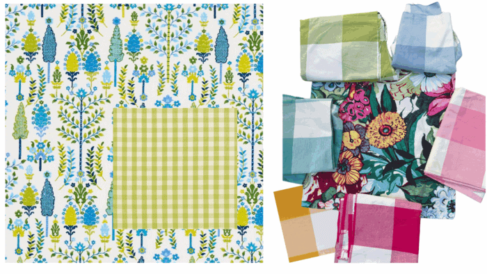 A variety of fabrics showing how they mix with the main floral and buffalo checks. 