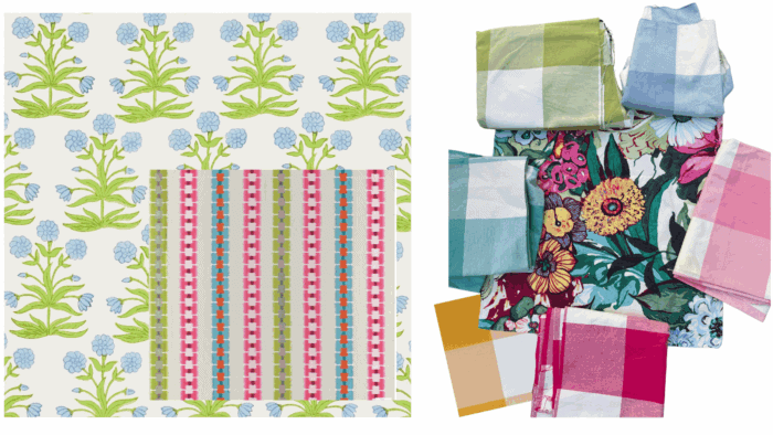 A variety of fabrics showing how they mix with the main floral and buffalo checks. 