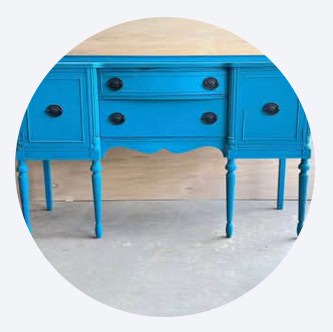 Before sideboard buffet – Plain teal sideboard buffet before makeover with peeling veneer.