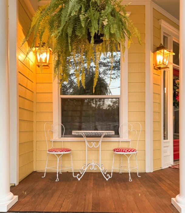 white bistro set with new oilcloth red gingham seats