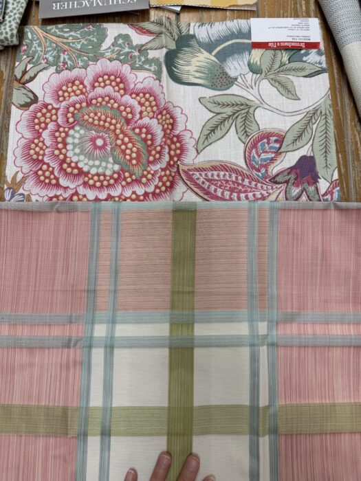 Picture of the floral print with a multicolored plaid fabric.