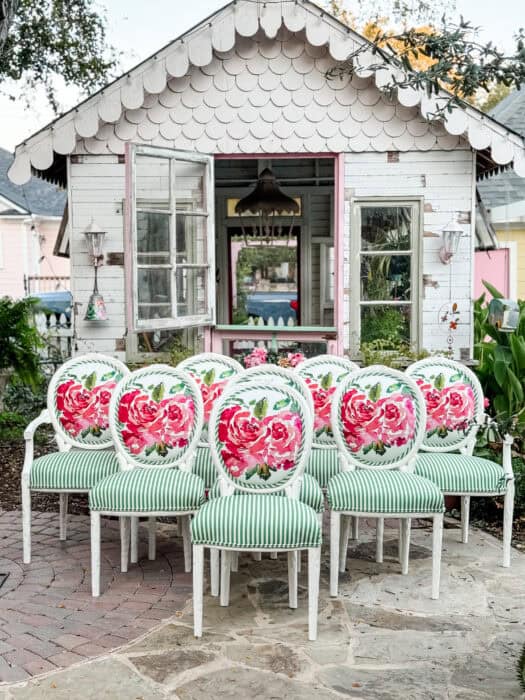 Floral and green stripe chairs painted in white.