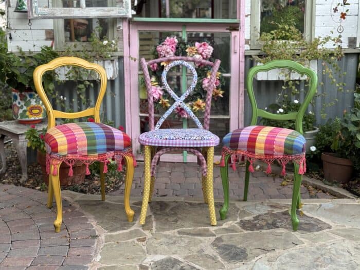 Fun small chairs in checks and yellow and green paint.
