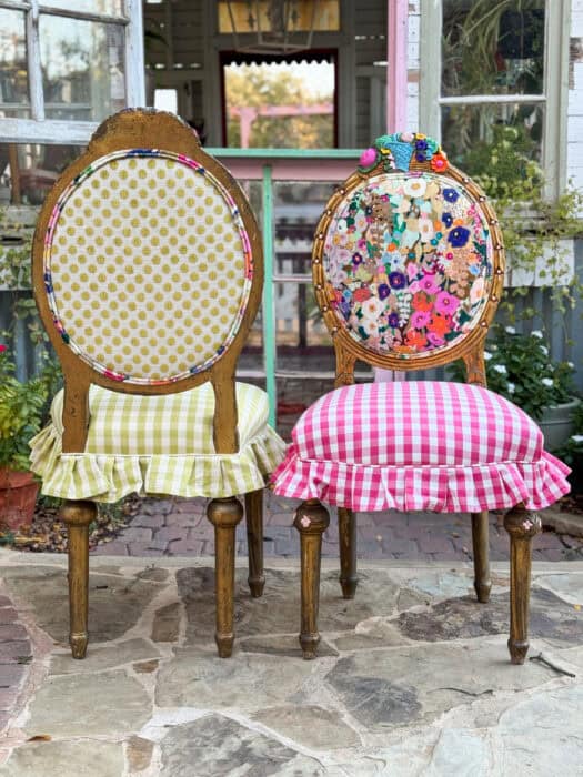 Floral top gold antique chairs with check seats in pink and green.