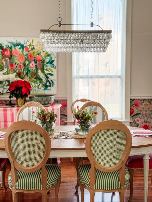 Dining room chandelier before Christmas decorating, shown with its original glass droplets.