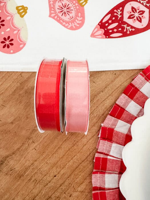 Satin ribbon in red and pink for hanging the ornaments