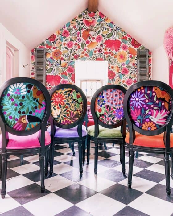 Black-painted chair with large-scale floral print seat and backrest