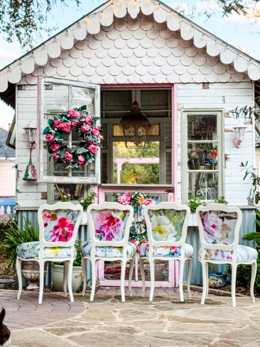 DIY chair makeover with floral upholstery and Linen White painted frame