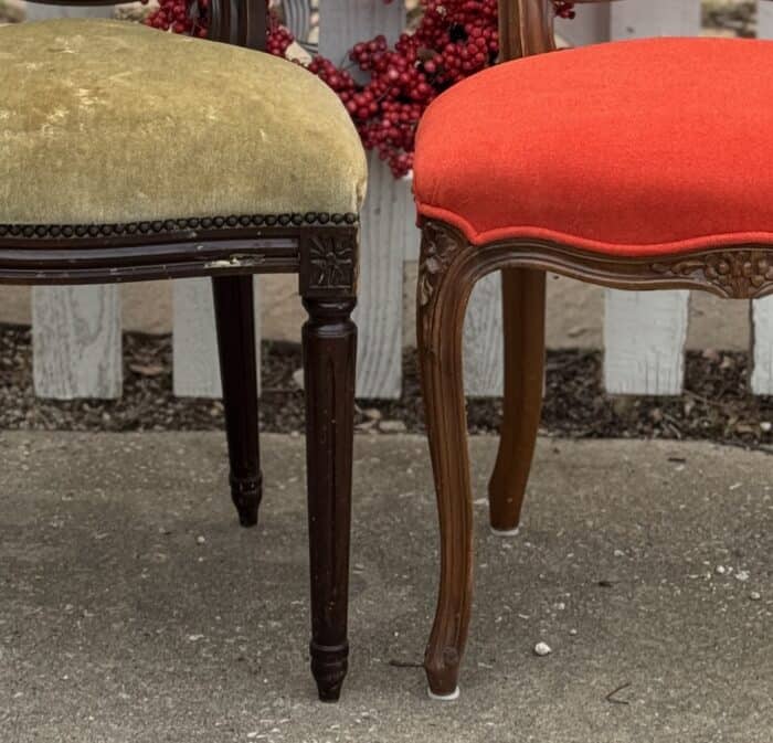 The before picture of the two legs of the vintage chairs.