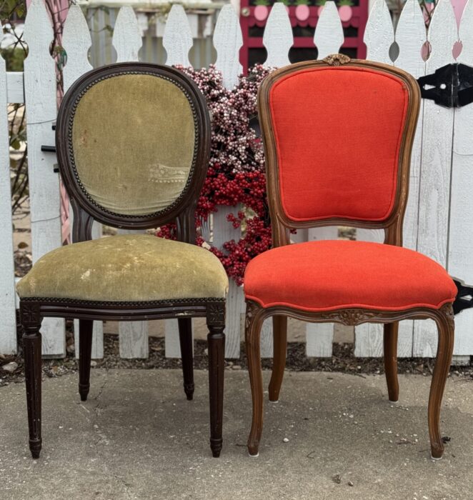 Two vintage chairs that need a makeover. Old fabric with unpainted wood.