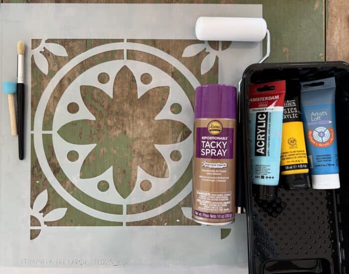 Stencil with the supplies you need including paint and brushes.