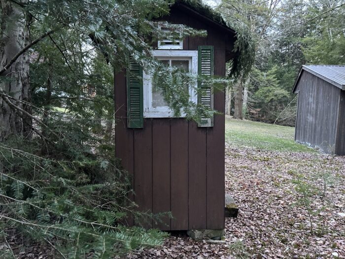 before photo of brown outhouse