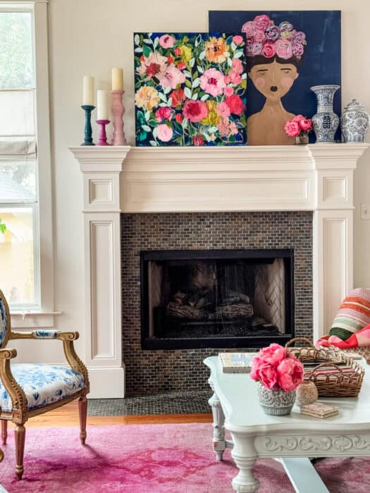 Original Frida Kahlo-inspired paintings gifted as birthday presents displayed in colorful living room
