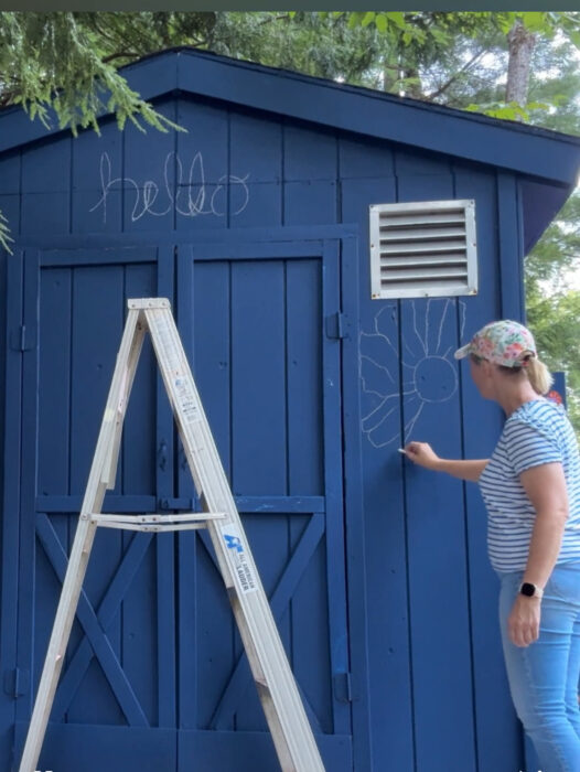 Chalk outlines and base color in Salty Dog on shed door and siding.