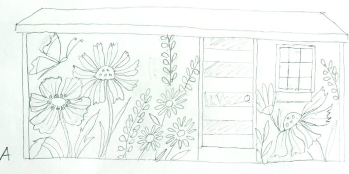 Sketch of front of the shed with flowers and a butterfly