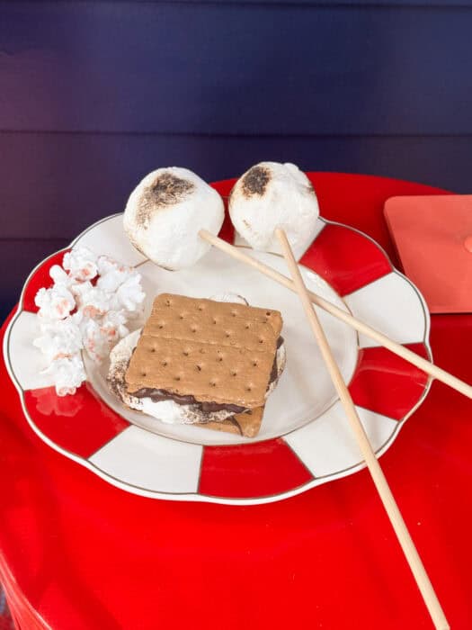 fake food plate with smores, marshmallows, and popcorn