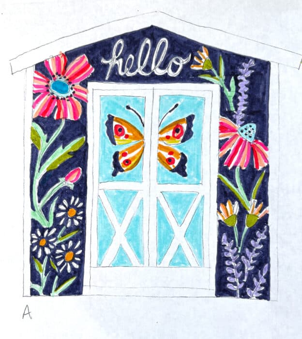 Side door with color scheme of blues, pinks, and yellow.