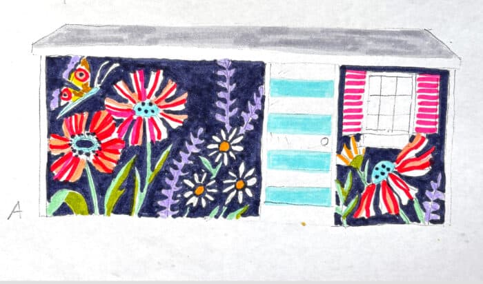 Front of shed color scheme with pinks, corals, purple, and greens.