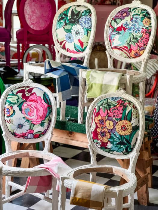 Floral and buffalo check chairs in progress. 