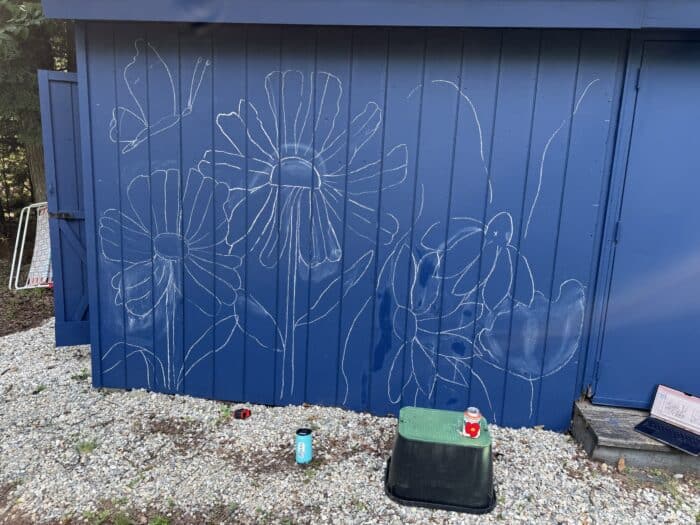 Chalk outlines and base color in Salty Dog on shed door and siding.