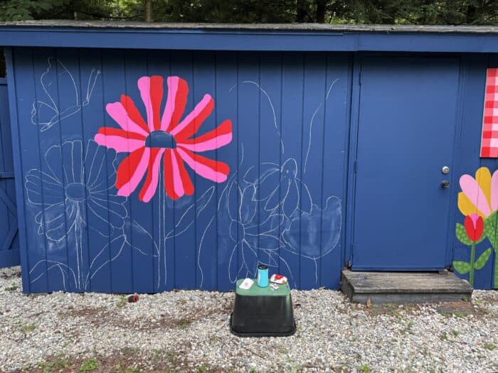 Chalk outlines and base color in Salty Dog on shed door and siding.