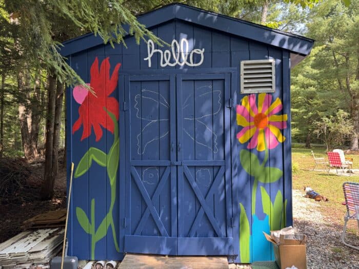 Chalk outlines and base color in Salty Dog on shed door and siding.