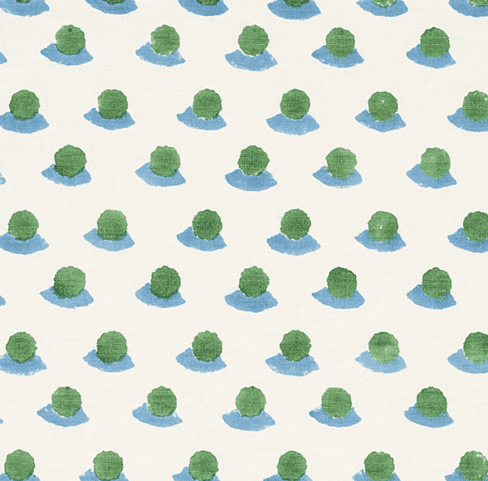 Block print fabric in blue and green.