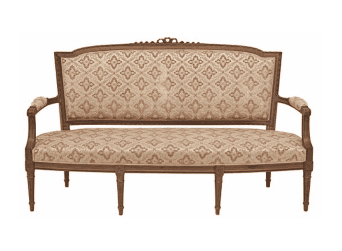Settee before picture with brown frame and brown fabric.