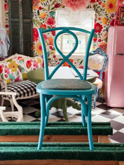 Before chair makeover, this turquoise painted chair was headed for the dump.